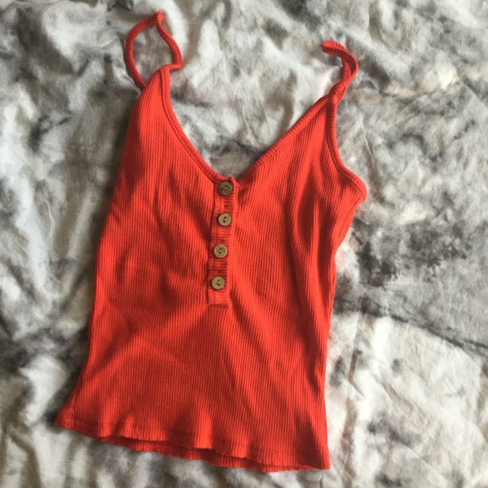 Ribbed Henley Style Tank Top with Wood Buttons
